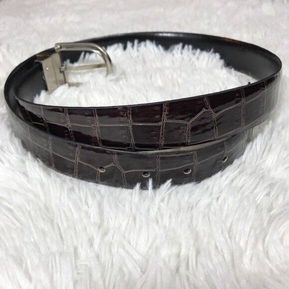 Dark Chocolate Croc Embossed Patent Leather Brushed Silver Metal Buckle Belt - Picture 2 of 9